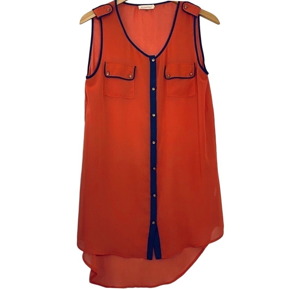 Mustard Seed Orange Sleeveless Button Front High Low Tunic Top Navy Trim Medium